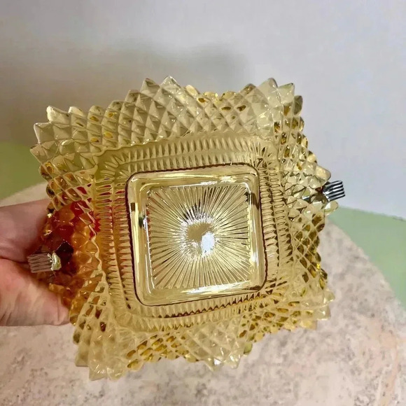 Vintage Yellow Silver-Tone Handle Diamond Amber Gold Sawtooth Edge Candy Dish - Picture 8 of 12